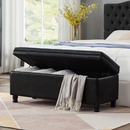 Upholstered tufted button storage bench, Faux leather entry bench with spindle wooden legs, Bed bench- Black