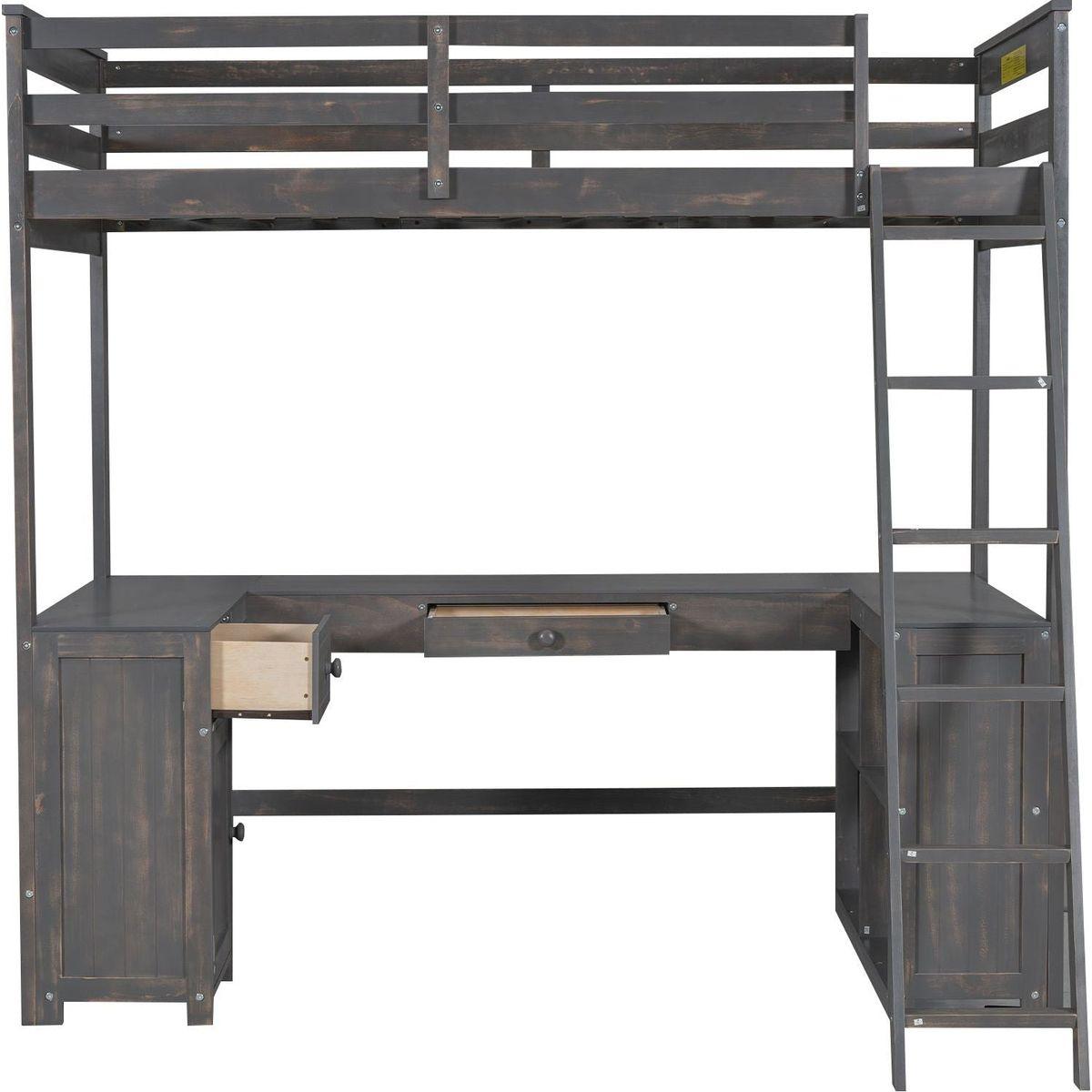 Twin Size Loft Bed with U-shaped Desk, Drawers and Storage Shelves, Antique Brown