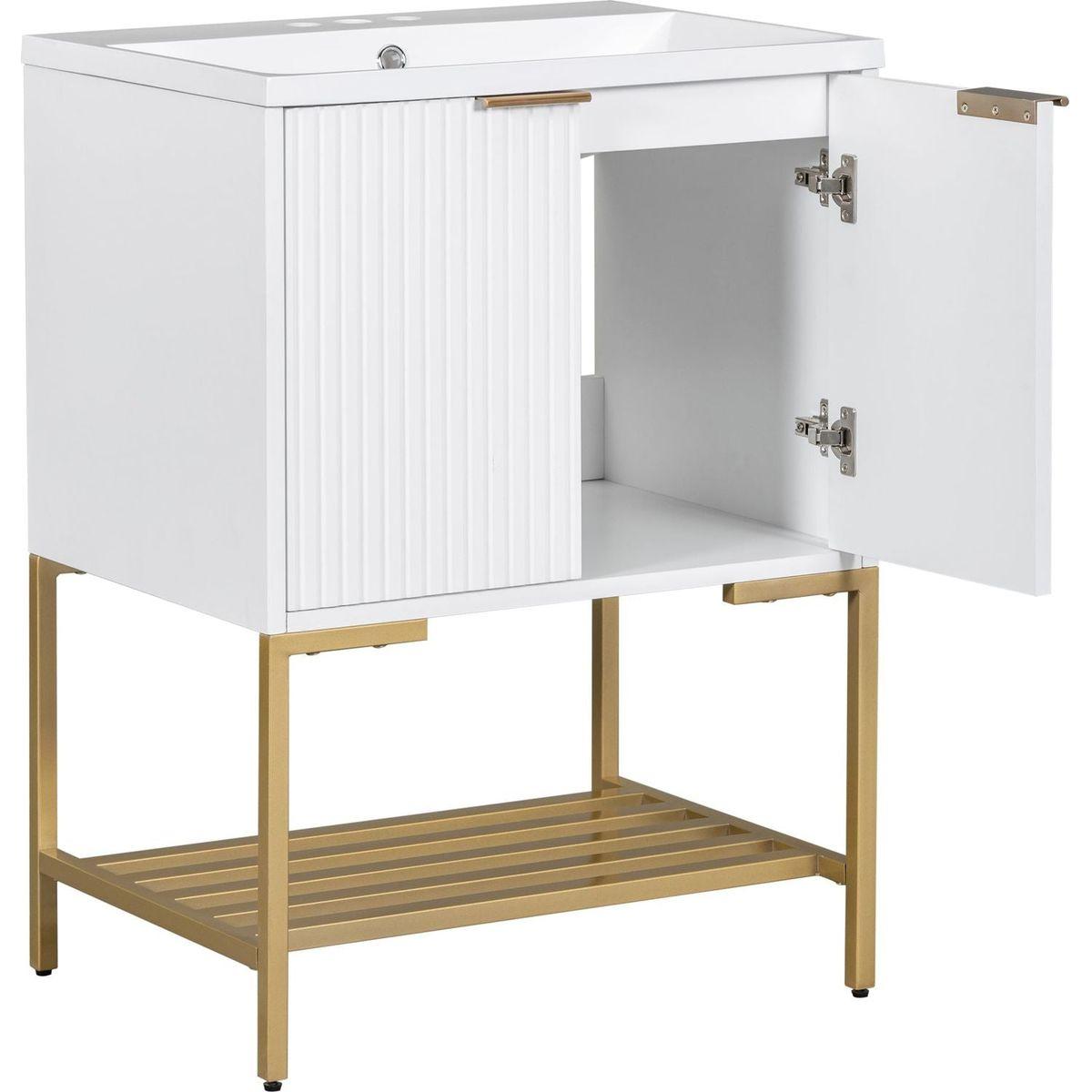 24" Bathroom Vanity with Sink, Bathroom Vanity Cabinet with Two Doors and Gold Metal Frame, Open Storage Shelf, White