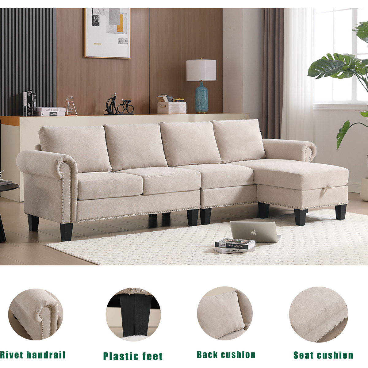 Convertible Sectional Sofa with Storage,L-shaped sofa,Four-seater sofa,Modern Linen Fabric Sectional Couches for Living Room, Beige