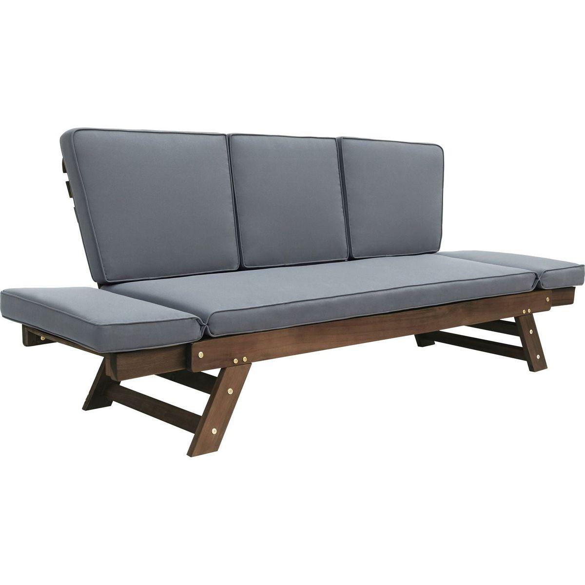 Outdoor Adjustable Patio Wooden Daybed Sofa Chaise Lounge with Cushions for Small Places, Brown Finish+Gray Cushion