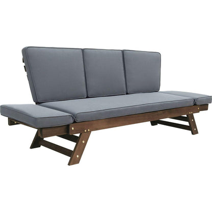 Outdoor Adjustable Patio Wooden Daybed Sofa Chaise Lounge with Cushions for Small Places, Brown Finish+Gray Cushion