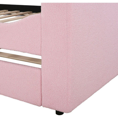 Twin Size Upholstered Daybed with Storage Armrests, Trundle and Latest Integrated Bluetooth Audio System, Teddy Fleece, Pink