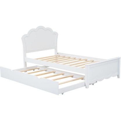 Twin Size Wood Platform Bed with Headboard and Twin Size Trundle, White