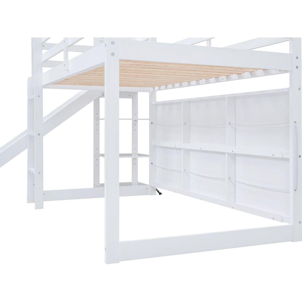 Twin Size Wood House Loft bed with Slide, Storage shelves and Light, White