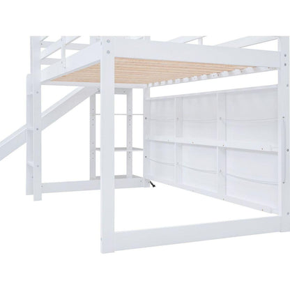 Twin Size Wood House Loft bed with Slide, Storage shelves and Light, White