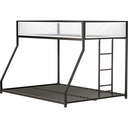 Adam Twin Full Bunk Black with White Mesh Guard Rail for Kids and Adult, Low Profile and Easy Climbing with Stable Ladder