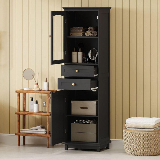 63" Tall Bathroom Storage Cabinet with Glass Doors, Free-Standing, Two Drawers, and Adjustable Shelves, MDF Board, Painted Black - Perfect for Displaying Your Favorite Items