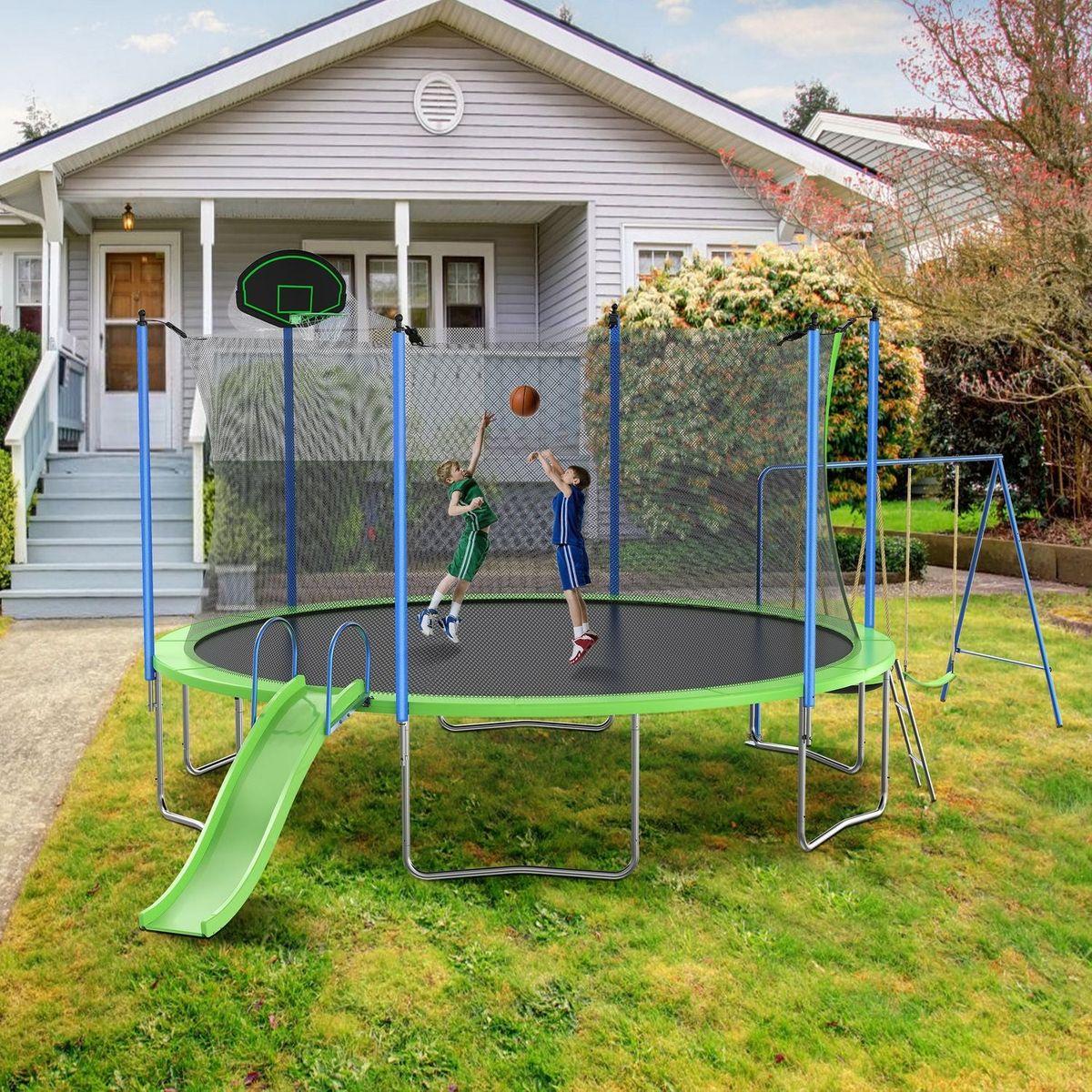 14FT Trampoline with Slide and Swings, ASTM Approved Large Recreational Trampoline with Basketball Hoop and Ladder,Outdoor Backyard Trampoline with Net, Capacity for Kids and Adults