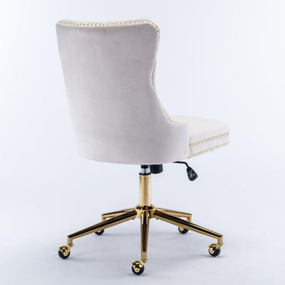 Office Chair,Velvet Upholstered Tufted Button Home Office Chair with Golden Metal Base,Adjustable Desk Chair Swivel Office Chair (Beige)