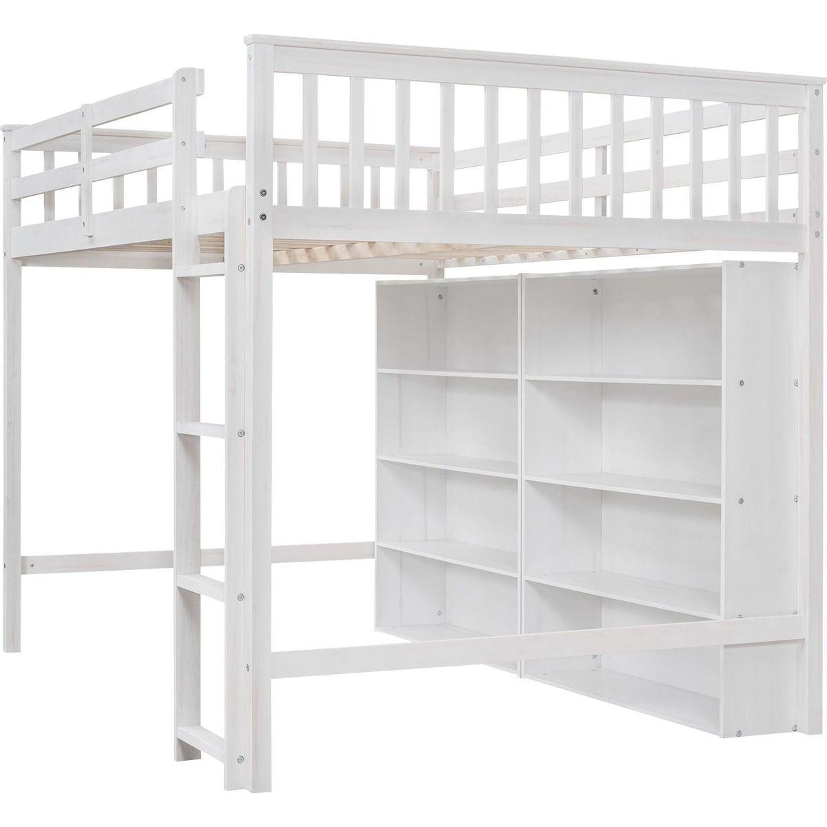 Full Size Loft Bed with 8 Open Storage Shelves and Built-in Ladder, White