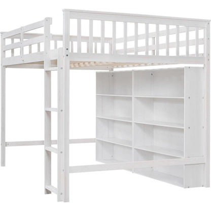 Full Size Loft Bed with 8 Open Storage Shelves and Built-in Ladder, White