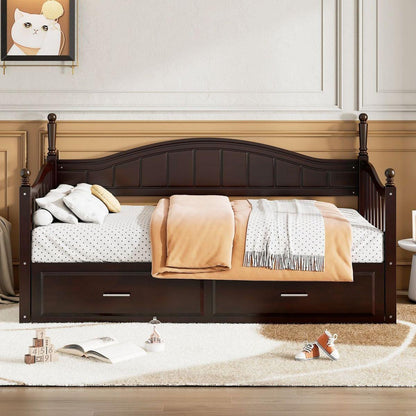 Wooden Twin Size Daybed with Twin Size Trundle, Extendable Daybed with Two Storage Drawers, Espresso