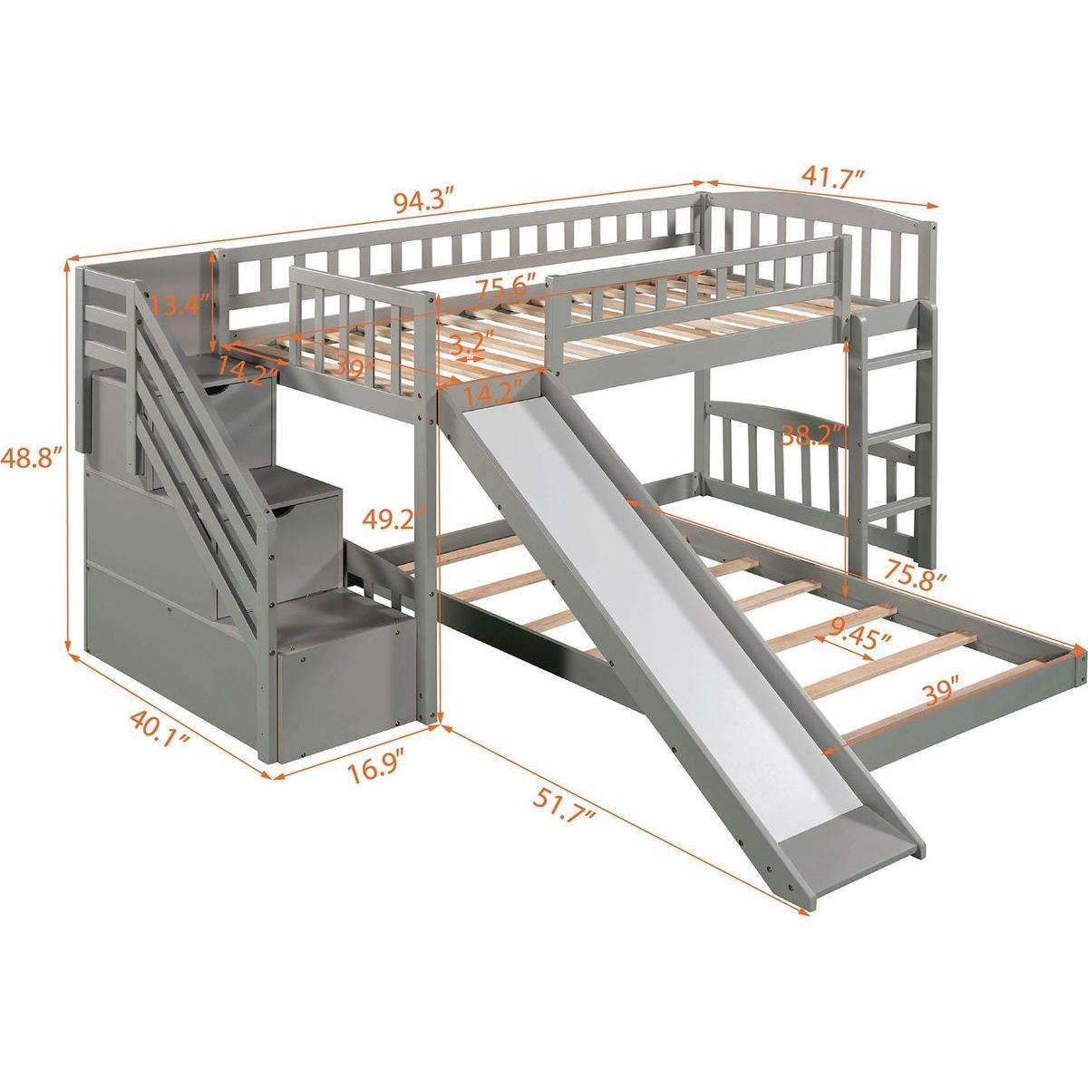 Stairway Twin over Twin Bunk Bed with Two Drawers and Slide, Gray