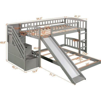 Stairway Twin over Twin Bunk Bed with Two Drawers and Slide, Gray