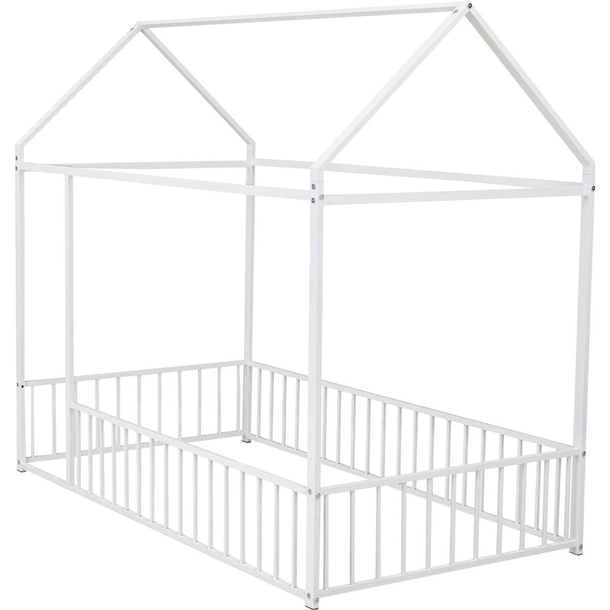 Twin Size Metal Bed House Bed Frame with Fence, for Kids, Teens, Girls, Boys, White