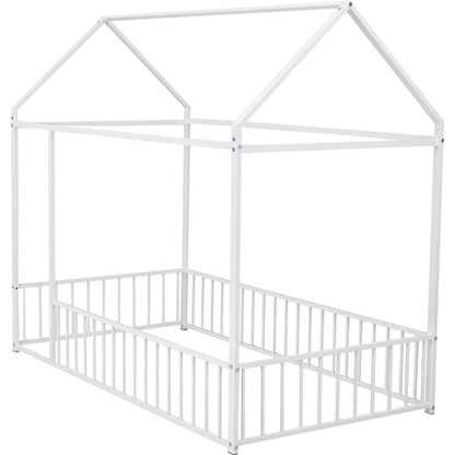 Twin Size Metal Bed House Bed Frame with Fence, for Kids, Teens, Girls, Boys, White