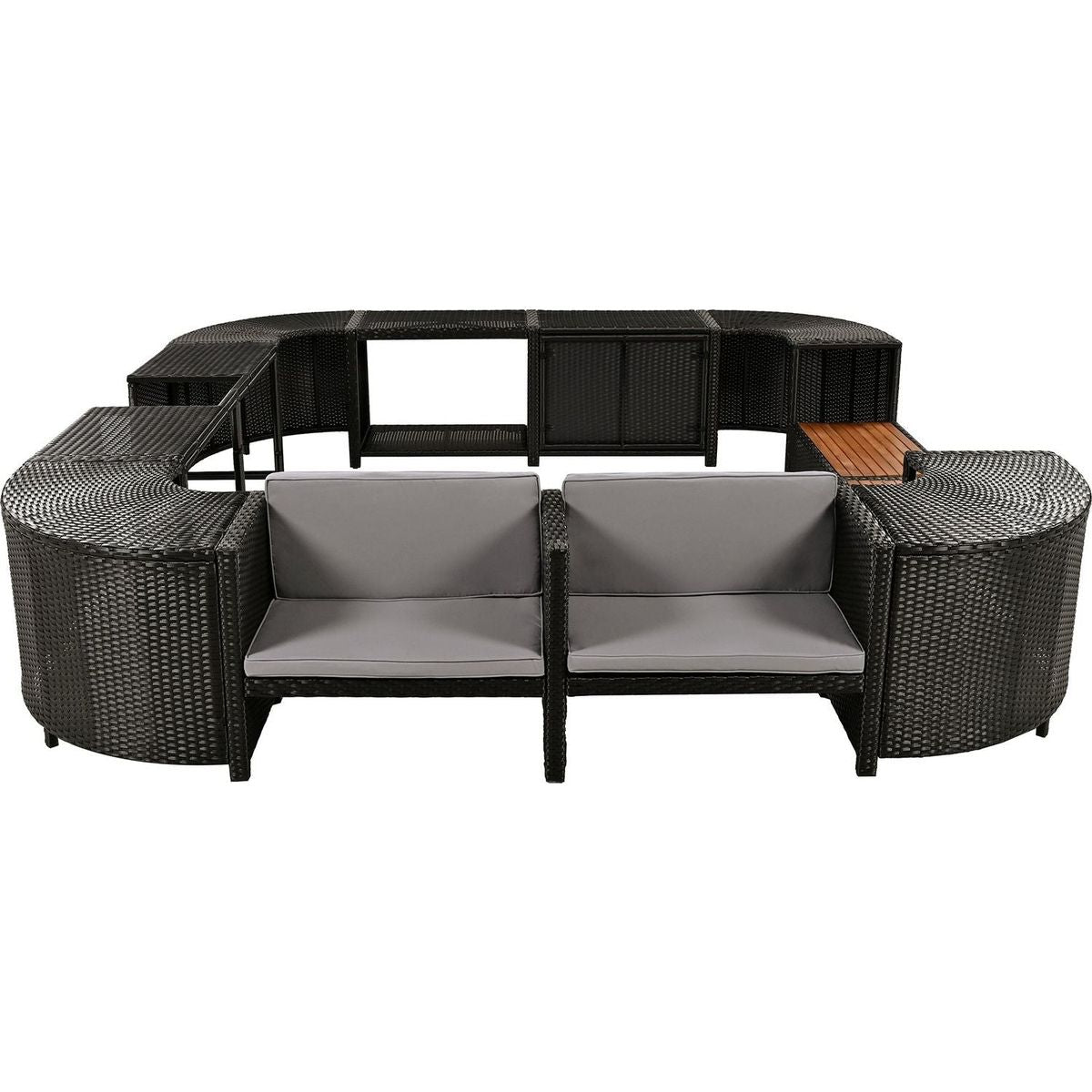 Spa Surround Spa Frame Quadrilateral Outdoor Rattan Sectional Sofa Set with Mini Sofa, Wooden Seats and Storage Spaces, Grey