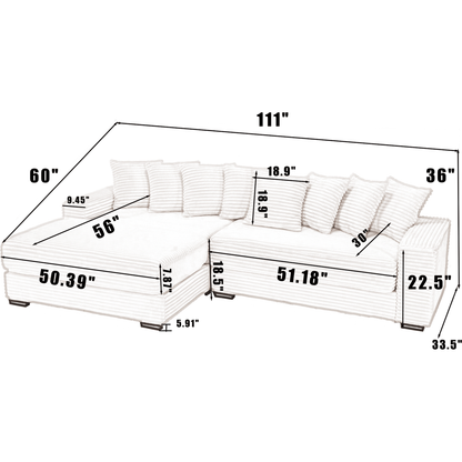 Oversized Two-Piece Couches, L Shaped Sofa, Corduroy, Left Chaise Daybed,with Armrests,Eight Throw Pillows,Corner Sofa,Easy To Assemble, Beige