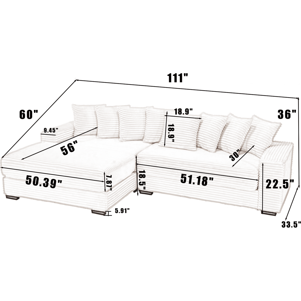 Oversized Two-Piece Couches, L Shaped Sofa, Corduroy, Left Chaise Daybed,with Armrests,Eight Throw Pillows,Corner Sofa,Easy To Assemble, Gray
