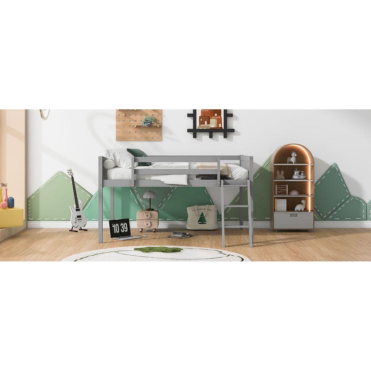 Full Size Wood Low Loft Bed with Ladder, ladder can be placed on the left or right, Gray