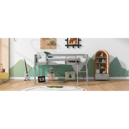 Full Size Wood Low Loft Bed with Ladder, ladder can be placed on the left or right, Gray