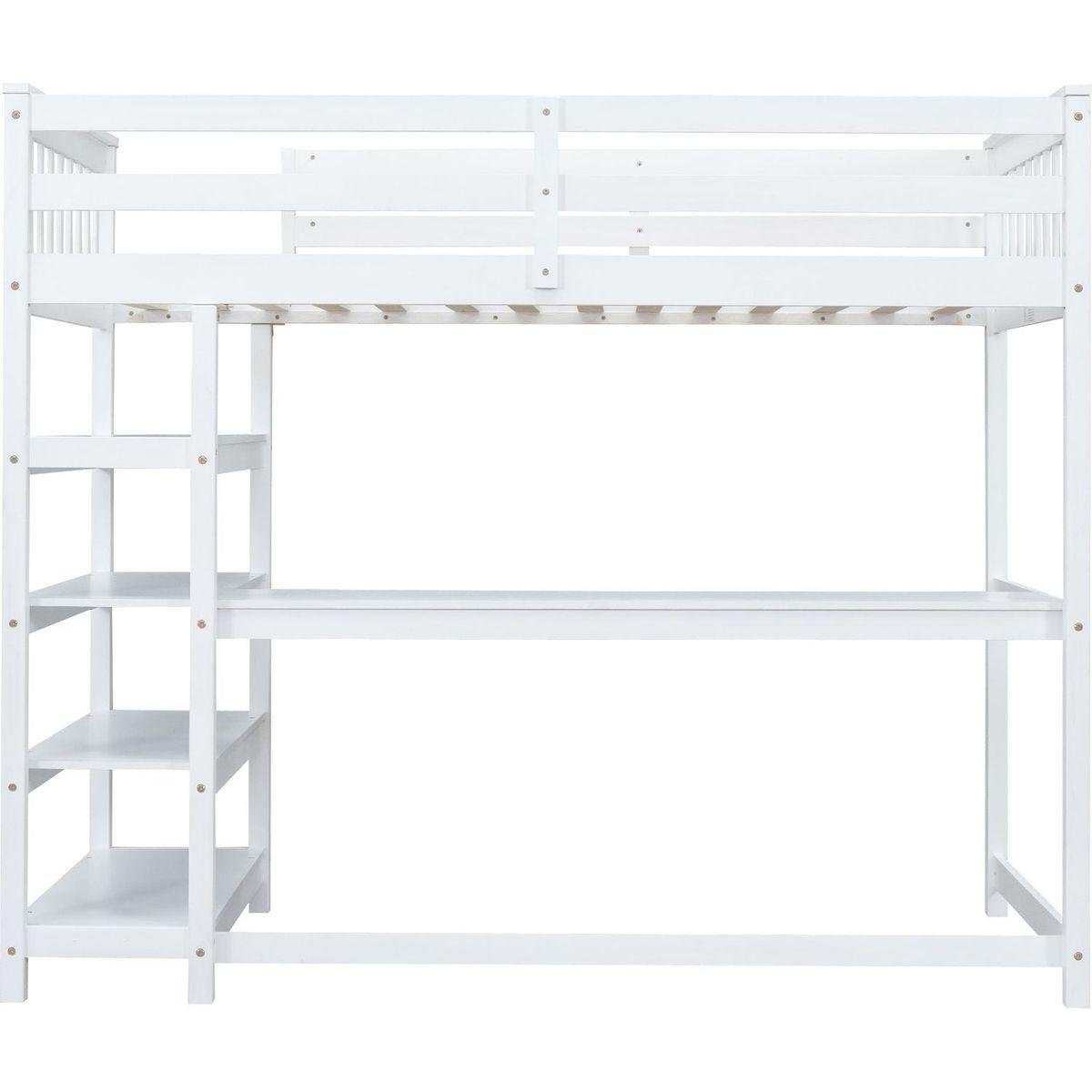 Twin Size Loft Bed with Storage Shelves and Under-bed Desk, White