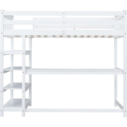 Twin Size Loft Bed with Storage Shelves and Under-bed Desk, White