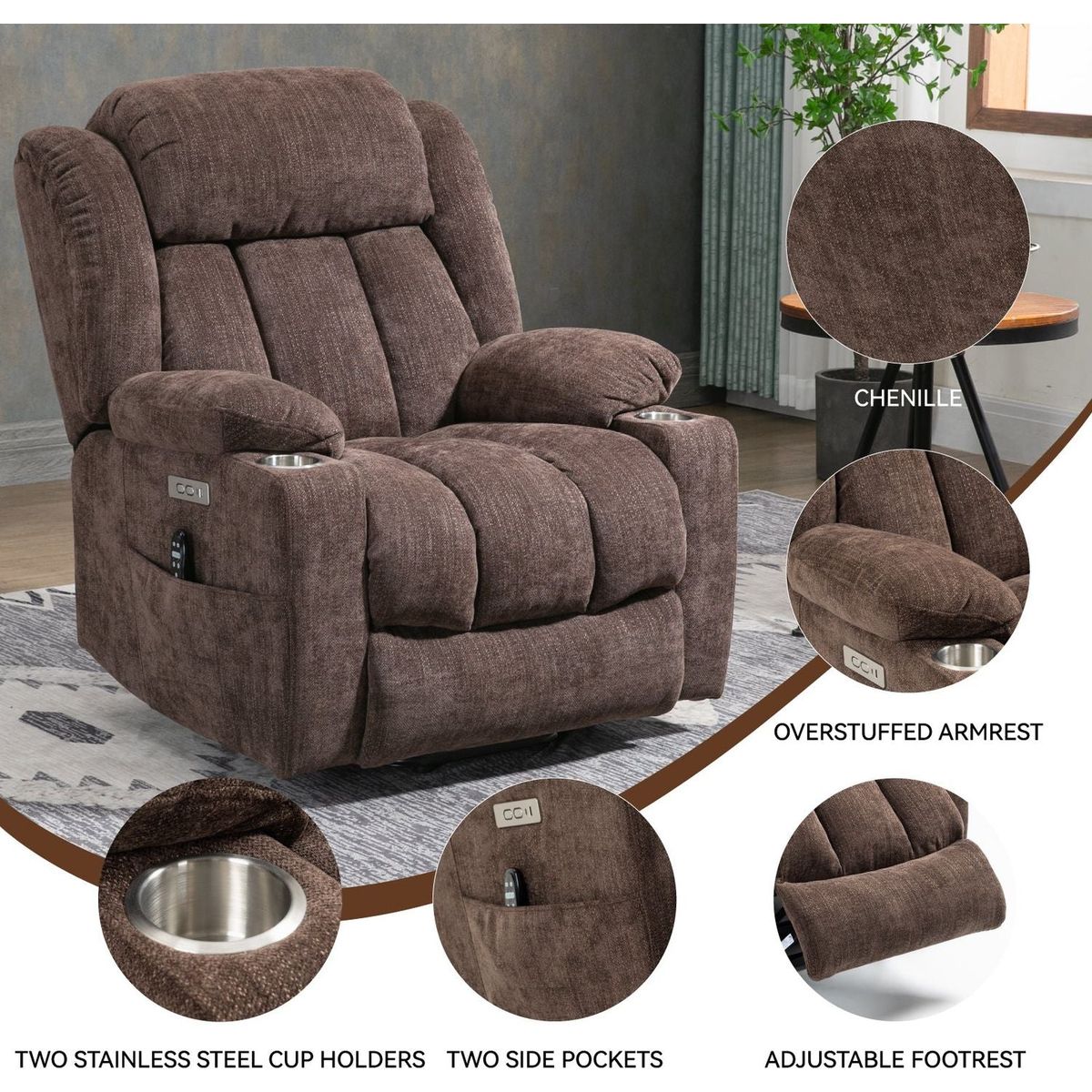 Up to 350 LBS Chenille Power Lift Recliner Chair, Heavy Duty Motion Mechanism with 8-Point Vibration Massage and Lumbar Heating, USB and Type-C Ports, Stainless Steel Cup Holders, Brown