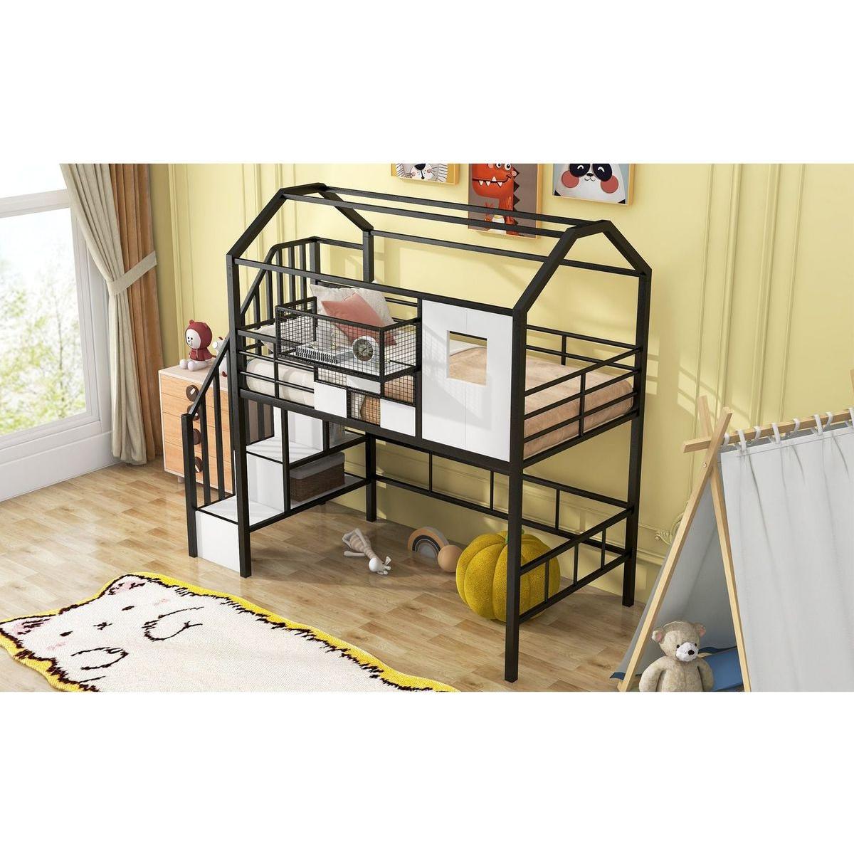 Metal Loft Bed with roof design and a storage box, Twin, Black