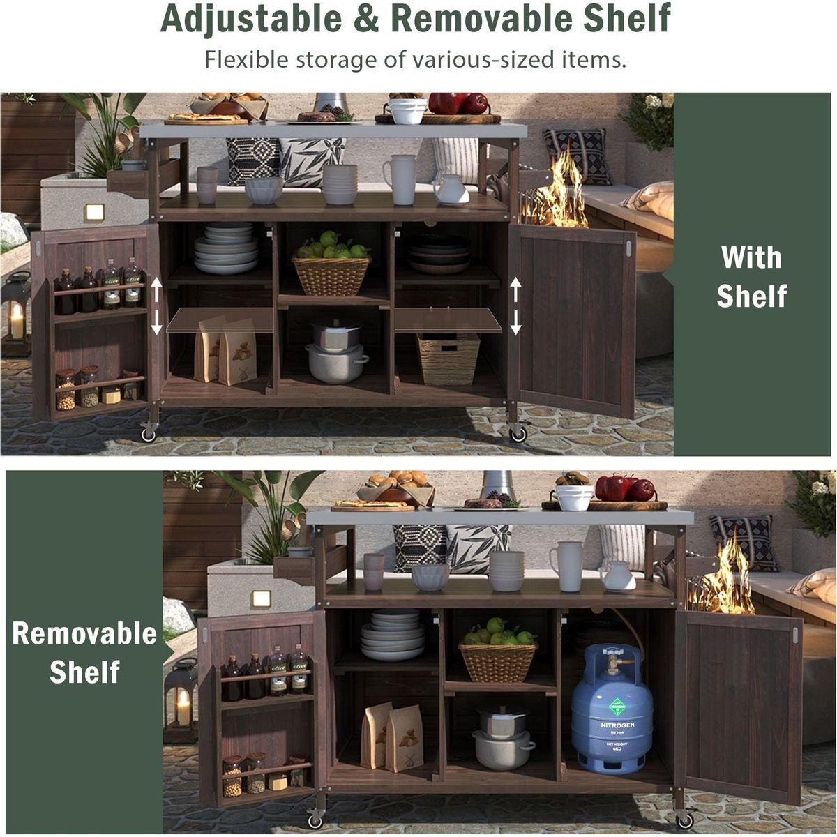 Outdoor Kitchen Island, Rolling Bar Cart & Storage Cabinet, Farmhouse Solid Wood Outdoor Grill Table with Stainless Steel Top, Spice Rack, Towel Rack for Kitchen & Barbecue, Dark Brown