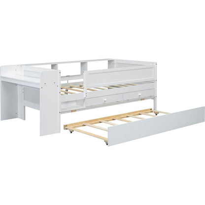 Multi-Functional Twin Daybed with Drawers and Trundle, Headboard Storage and Tables, USB Charging Station, White