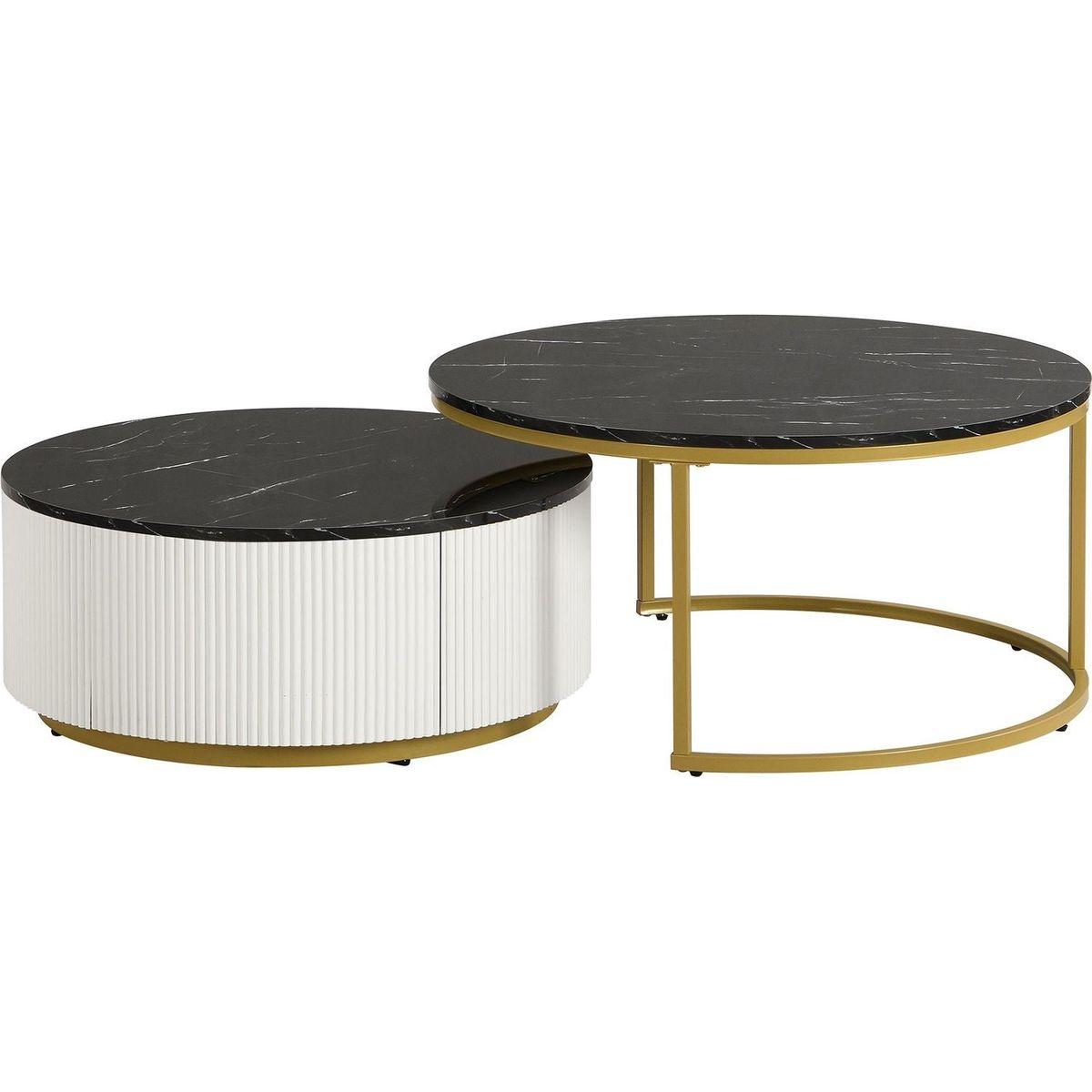 Modern Round Nesting Coffee Table Fluted with Drawer in Black & Gold in 31.5"