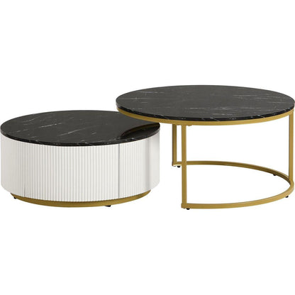 Modern Round Nesting Coffee Table Fluted with Drawer in Black & Gold in 31.5"