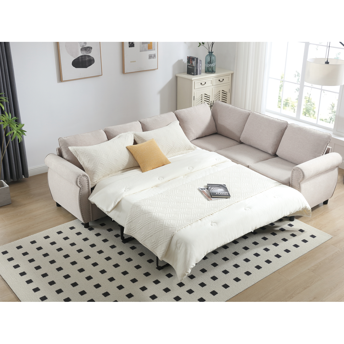 Sleeper Sofa, 2 in 1 Pull Out Couch Bed,6 seater sofa bed, L Shaped Sleeper Sectional Sofa Couch,Riveted sofa,104" Large combined sofa Bed in living room, Beige