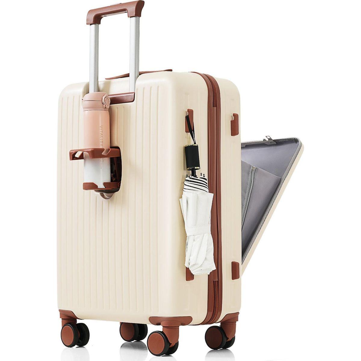 Luggage Set of 3, 20, 24, 28inch with USB Port, 20, 24inch with front opening design Airline Certified Carry on Luggage with Cup Holder, ABS Hard Shell Luggage with Spinner Wheels, ivory and brown