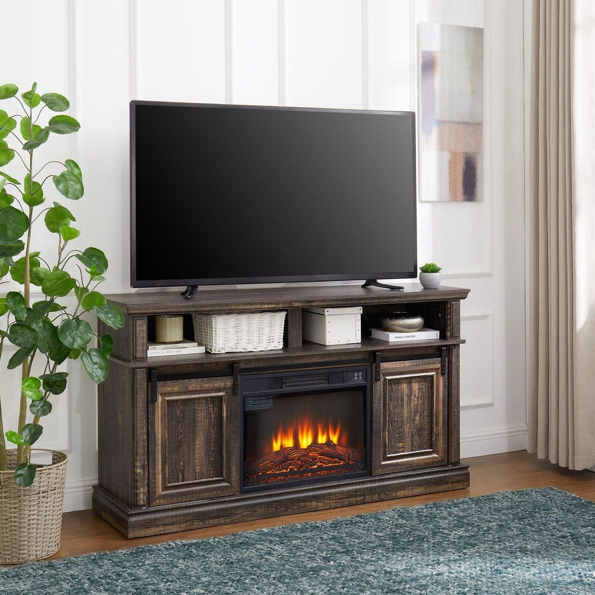 Modern Entertainment Console TV Stand with 23" Fireplace Insert, Multipurpose Sliding Door TV Cabinet Large Storage Space, 58.11"Wx15.79"Dx32.36"H Antique brown