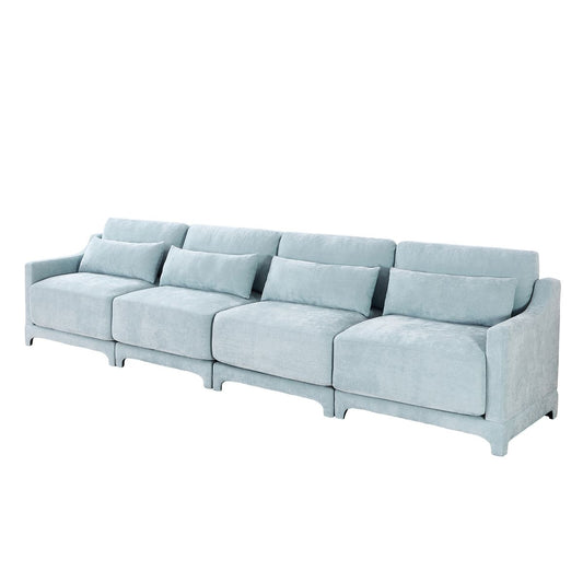 Sky Blue Four-Seater Chenille Sofa with Lumbar Pillow, Ergonomic Design, Solid Wood Frame