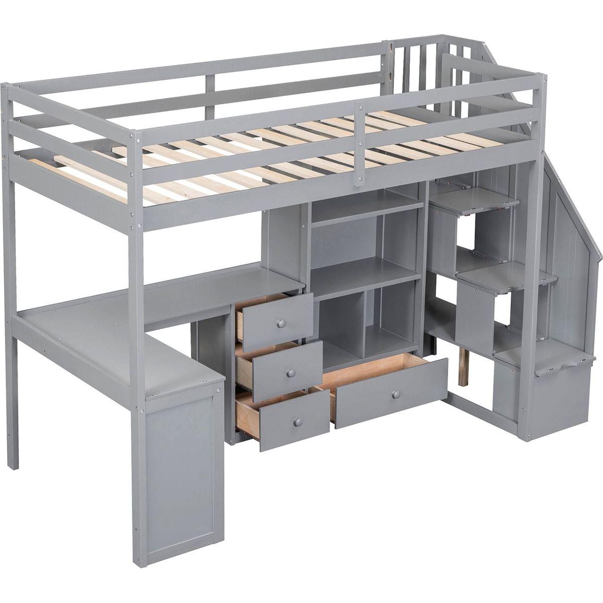 Twin Size Loft Bed with L-Shaped Desk and Drawers, Cabinet and Storage Staircase, Gray
