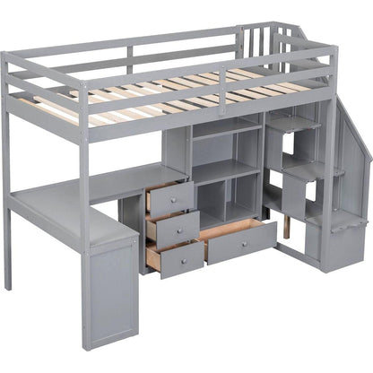 Twin Size Loft Bed with L-Shaped Desk and Drawers, Cabinet and Storage Staircase, Gray