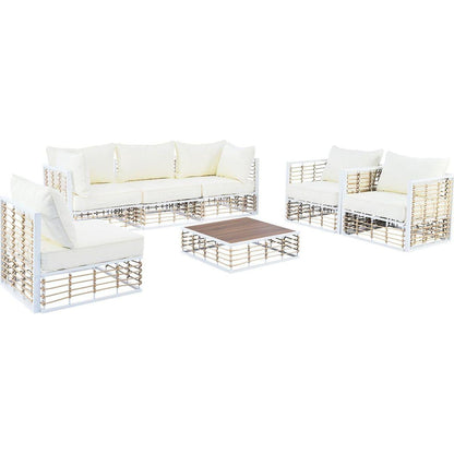 Modern Minimalist 7-Piece Metal Patio Sectional Sofa Set, All-Weather Garden Conversational Furniture Set with Thick Cushions and Coffee Table for Indoor Outdoor, White