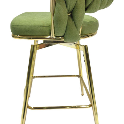 Bar Chair Linen Woven Bar Stool Set of 4,Golden legs Barstools No Adjustable Kitchen Island Chairs,360 Swivel Bar Stools Upholstered Bar Chair Counter Stool Arm Chairs with Back Footrest, (Green)