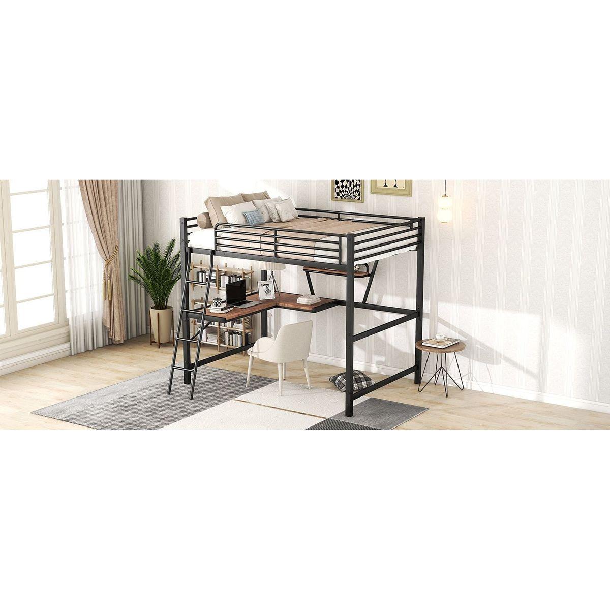 Full Size Loft Metal&MDF Bed with Desk and Shelf, Black