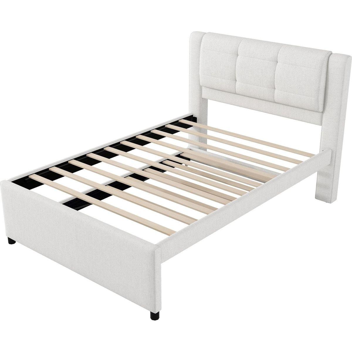 Full Size Upholstery platform bed with Trundle,Trundle can be flat or erected, Beige