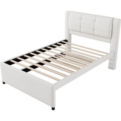 Full Size Upholstery platform bed with Trundle,Trundle can be flat or erected, Beige
