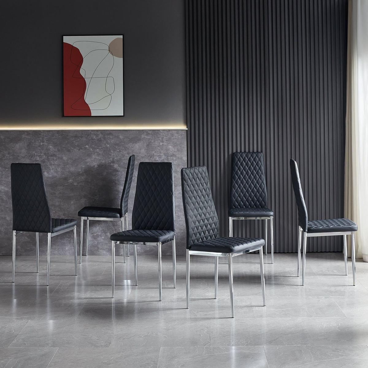 Black modern simple style dining chair leather chrome metal pipe diamond grid pattern restaurant home conference chair set of 6