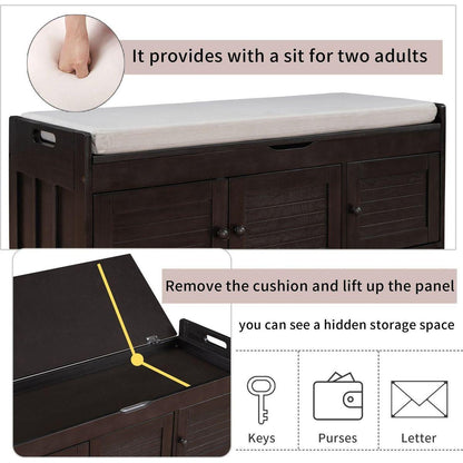 Storage Bench with 3 Shutter-shaped Doors, Shoe Bench with Removable Cushion and Hidden Storage Space (Espresso