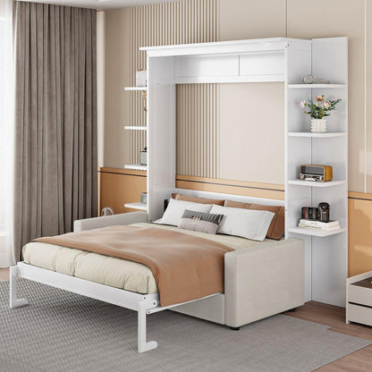 Queen Size Murphy Bed Wall Bed with Sofa,White