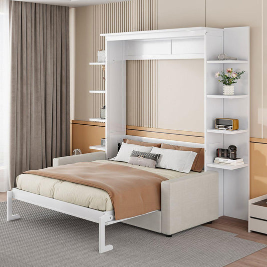 Queen Size Murphy Bed Wall Bed with Sofa,White