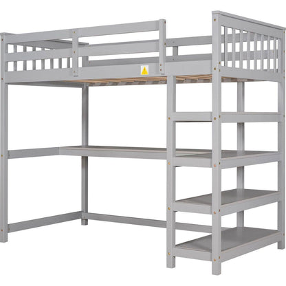 Twin Size Loft Bed with Storage Shelves and Under-bed Desk, Gray